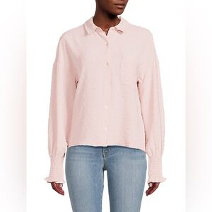 Pale Pink Clip Dot Button Up Poet Sleeve Blouse